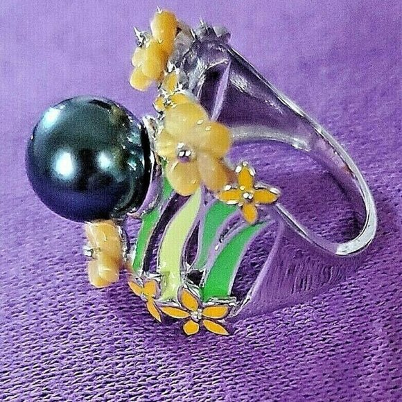 Genuine 10mm Tahitian Black Pearl, Garnet, Mother of Pearl Enamel Cockta… - Picture 4 of 8